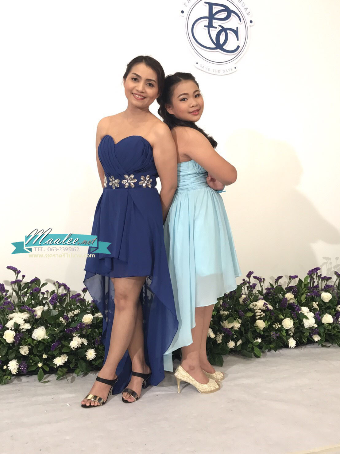 พร้อมเช่า ชุดราตรีสั้น เกาะอก หน้าสั้นหลังยาว สีน้ำเงิน ผ้าชีฟอง เรียบหรูแต่งเพชรช่วงเอว