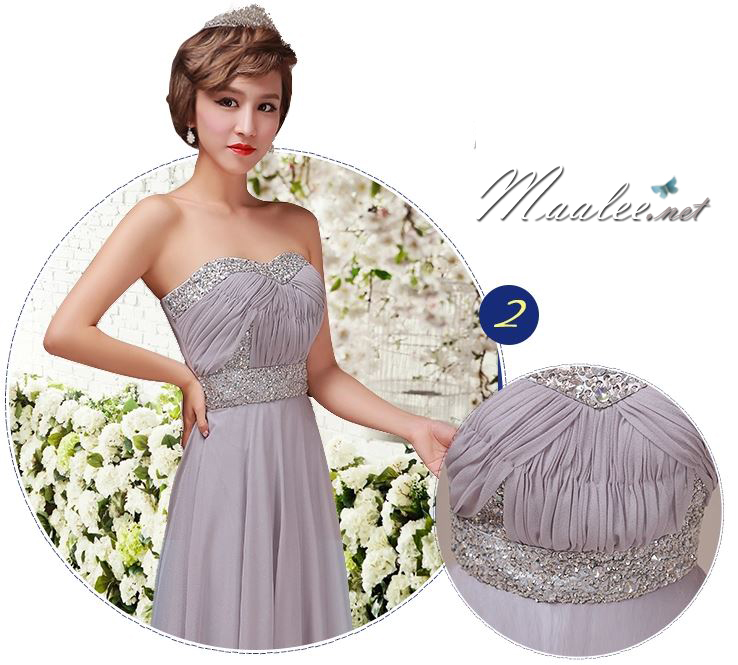 พร้อมส่ง ชุดราตรียาว เกาะอก แต่งเพชรหรู สีเทา