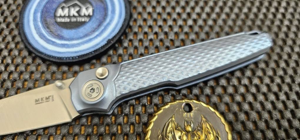 MKM Miura Button Lock Knife Blue Ti (2.72" Satin M390) MK MI-TBL