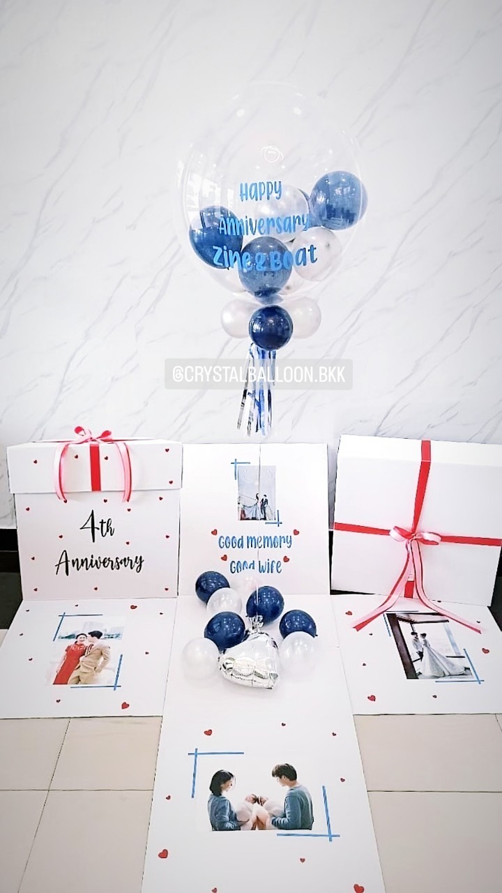 Surprise Box กล่องเซอร์ไพรส์วันครบรอบ Bubble USA ขนาด 24'' Theme Dark Blue พร้อมตกแต่ง สามารถใส่รูปได้ 4 รูป สามารถเปลี่ยนสีลูกโป่ง/เปลี่ยนข้อความได้