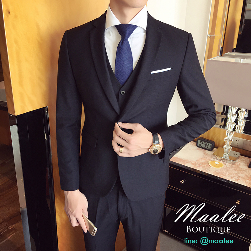 พร้อมเช่า ชุดสูทชาย สีดำ คลาสสิก รุ่นกระดุมเดียว (พร้อมเสื้อกั๊ก)