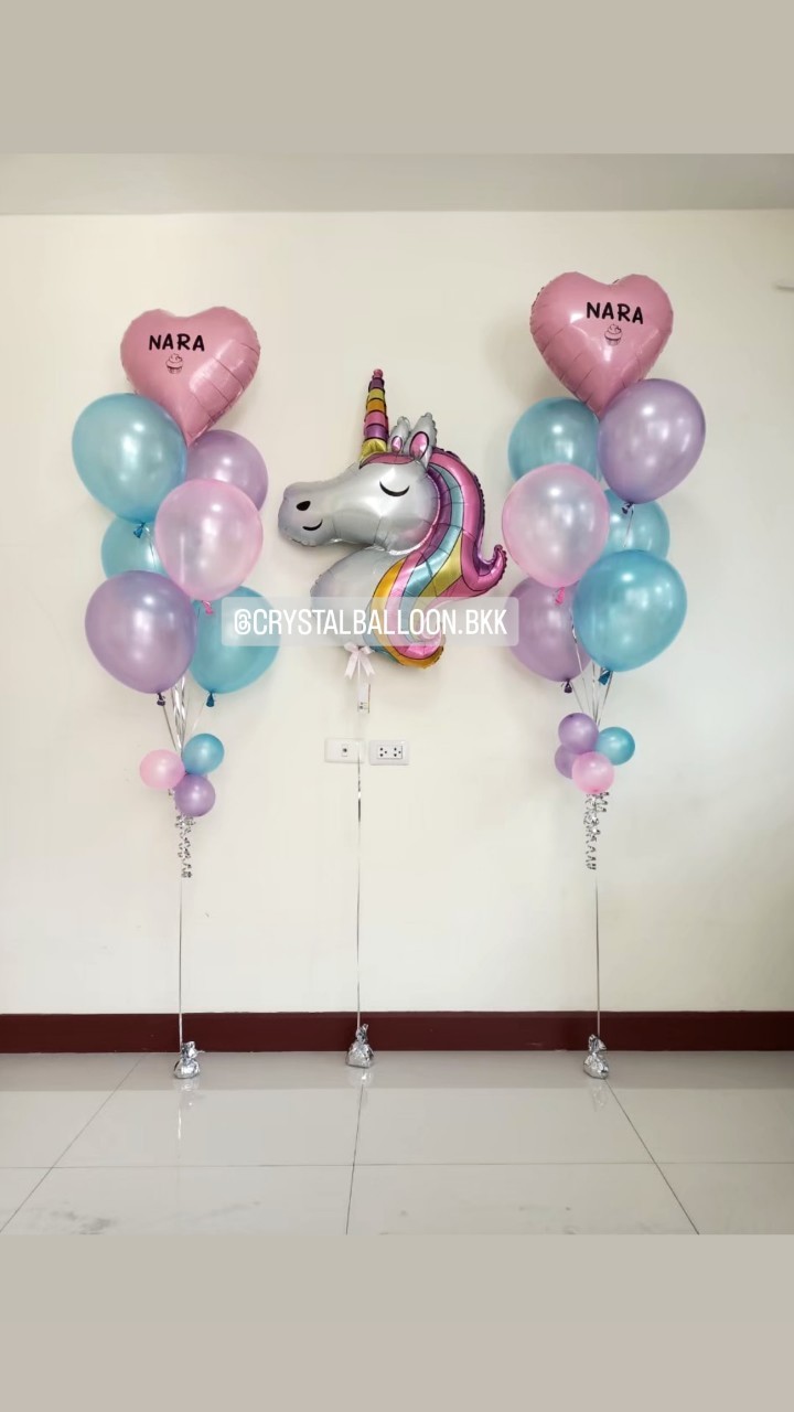 ลูกโป่ง วันเกิดเด็ก ช่อลูกโป่งฟอยล์หัวใจ ขนาด 18" ช่อ 7 ลูก 2 ช่อ พร้อมตกแต่ง ฟอยล์ Unicorn ใหญ่ 1 ชิ้น สามารถเปลี่ยนสีลูกโป่ง/เปลี่ยนข้อความ/เปลี่ยนสี-ฟอยล์ตกแต่งได้