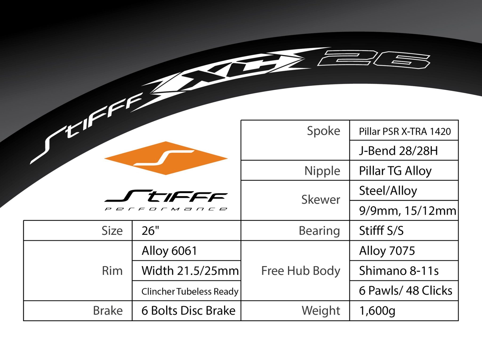 ชุดล้อเสือภูเขา Stifff XC-26 ท๊อปอลูฯ ขนาด26 โม่ Shimano 8-11s 6 Pawls / 48 Clicks รองรับ Tubeless Ready