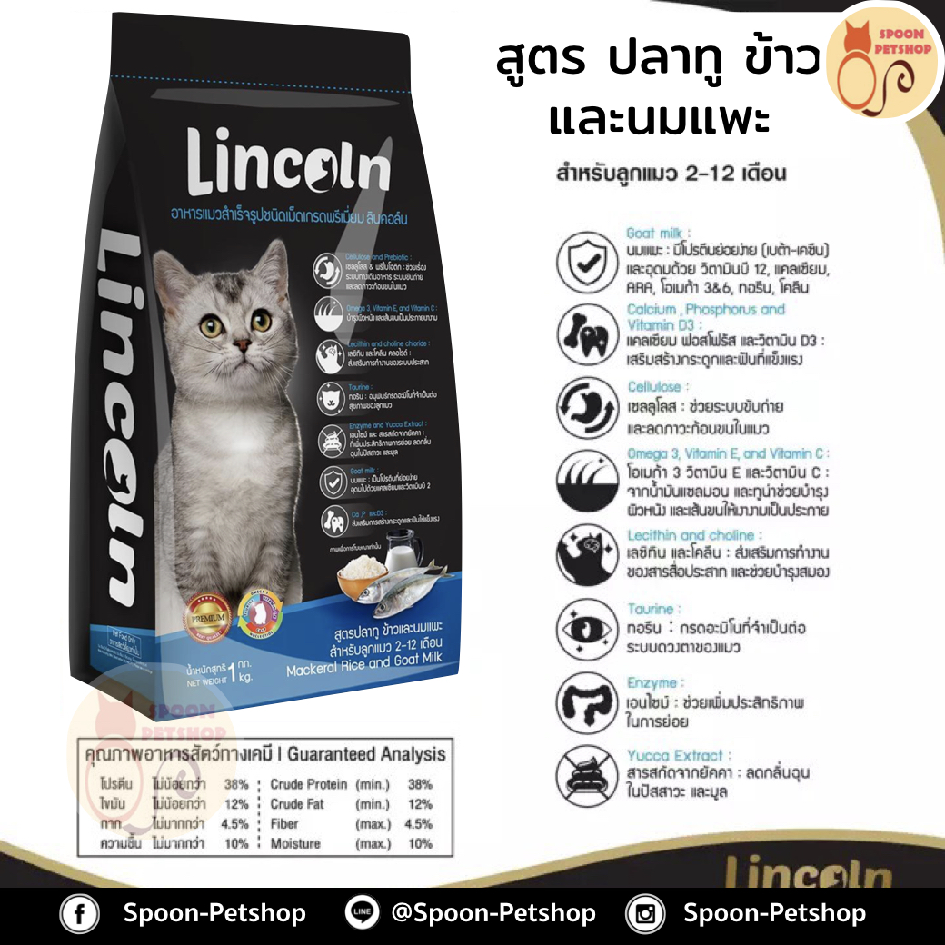 Lincoln อาหารแมว ลินคอล์น รสปลาทู ข้าว และนมแพะ สำหรับลูกแมว 1kg