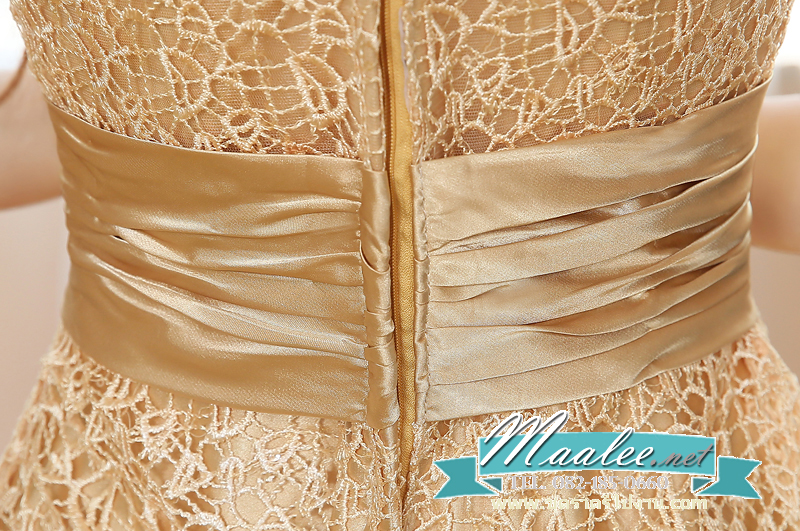 พร้อมเช่า ชุดราตรียาว แขนยาว แต่งลูกไม้ฉลุ ผาคาดเอวซาติน สีทอง สวยเรียบหรู