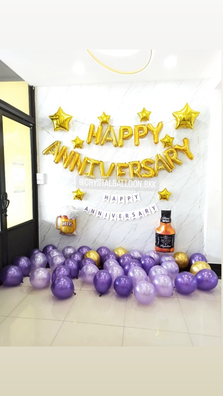 ลูกโป่ง วันครบรอบ ฟอยล์ตัวอักษร Happy Anniversary ขนาด 16" Theme สีทอง-สีม่วง ลูกโป่งโปรยพื้น 40 ลูก พร้อมตกแต่ง ป้ายธง Happy Anniversary,ฟอยล์ตกแต่ง 2 ชิ้น,ฟอยล์ดาว 5" 6 ชิ้น,ฟอยล์ดาว 24" 2 ชิ้น สามารถเปลี่ยนสีลูกโป่ง/เปลี่ยนฟอยล์/เปลี่ยนส