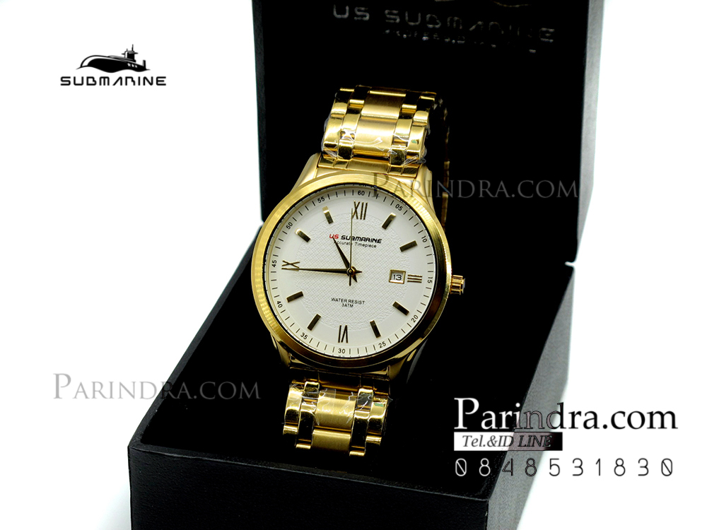 นาฬิกาคู่ US submarine รุ่น J117MD เรือนสีทองหน้าปัดสีขาว เลขโรมัน แพคคู่