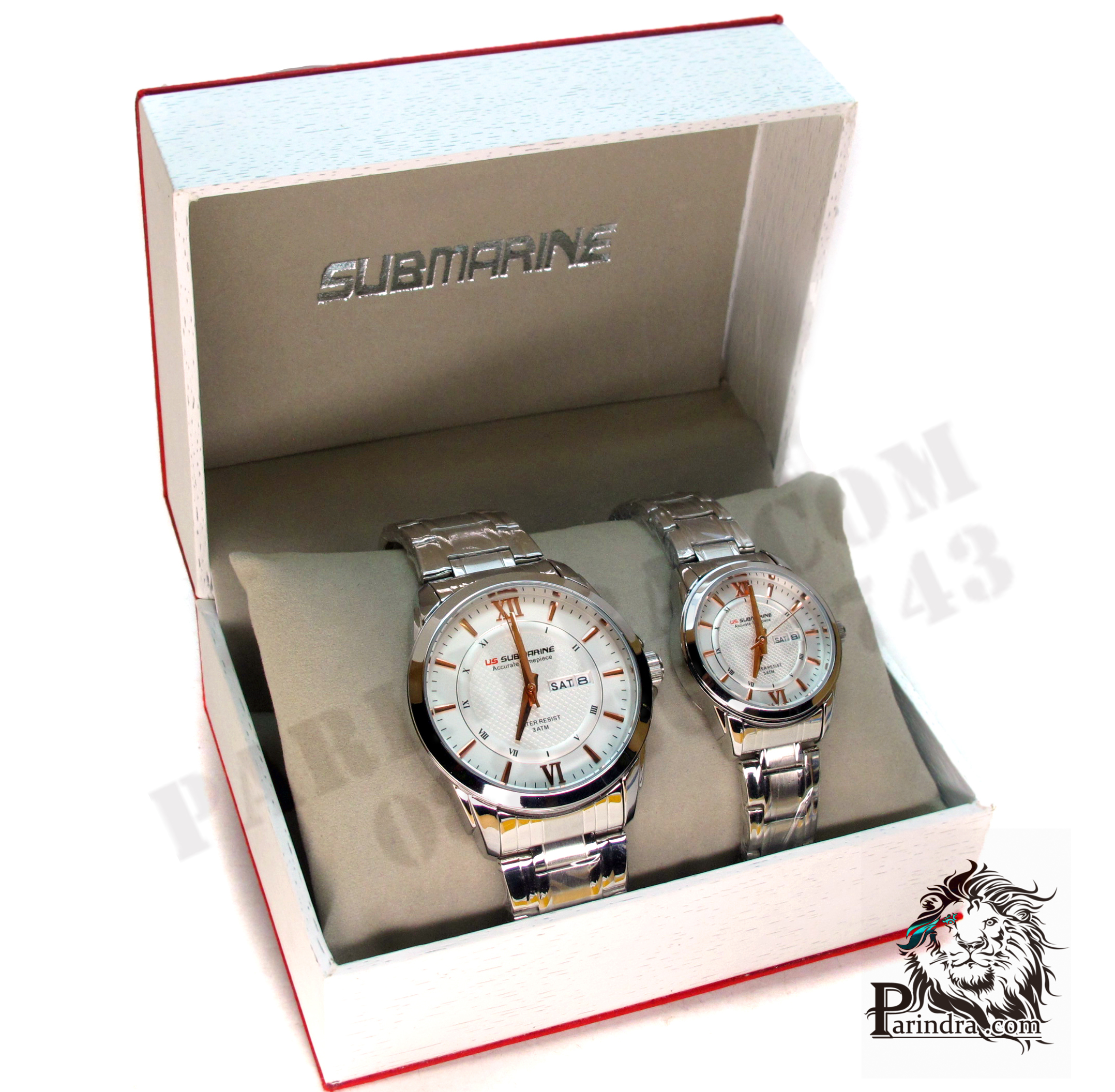 นาฬิกาคู่ US submarine รุ่น J099DD ของแท้ 100% ตัว Accuratc Timcpiece สีเงินหน้าปัดขาวเข็มสีPINK GOLD
