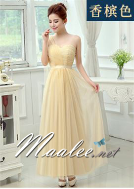 พร้อมส่ง ชุดราตรียาว แบบ C ไหล่เดียว อกจับจีบตีเกล็ด ผ้าคาดเอววาติน กระโปรงตาข่าย (จับสม๊อกด้านหลัง)