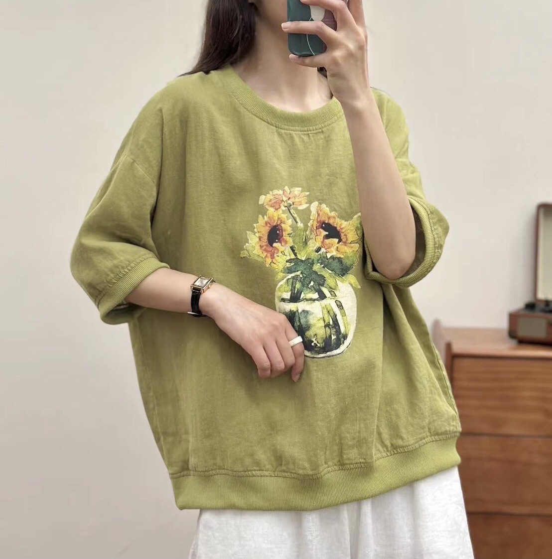 เสื้อผ้าลินินลายพิมพ์แจกัน~ดอกไม้
