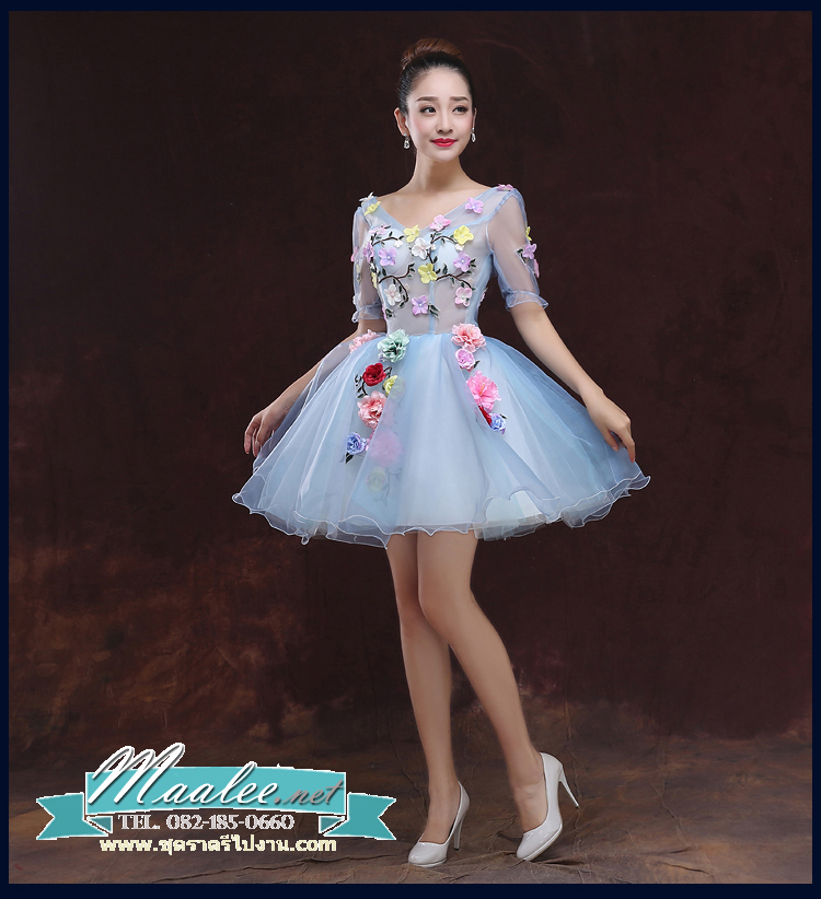 พร้อมเช่า ชุดแฟนซีสั้น สีฟ้า แขนยาว แต่งดอก Fairy สไตล์เจ้าหญิง กระโปรงพองสวยชายย้วย เชือกผูกหลัง