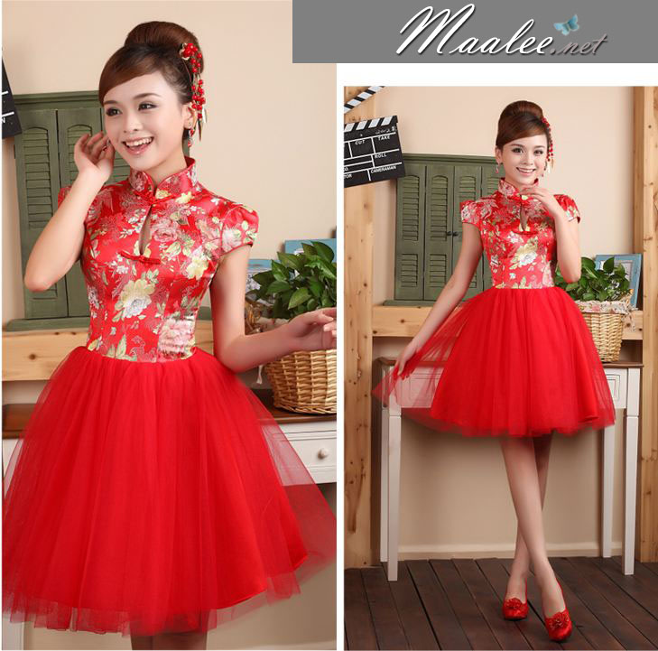 พร้อมเช่า ชุดแฟนซี ชุดราตรีสั้น ชุดตรุษจีน ชุดกี่เพ้า คอจีน กระโปรงตาข่ายพองสวย