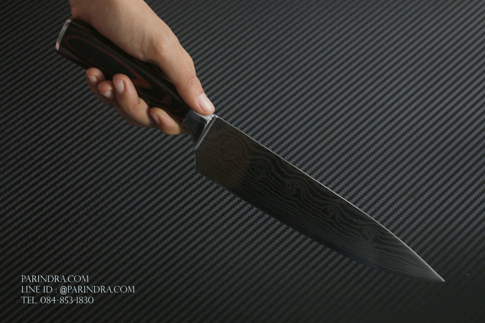 มีดทำครัว Premium ยิงเลเซอร์ลายดามัสกัส ด้ามไม้ ขนาดใบ 8 นิ้ว ปลายแหลม คมกริบ