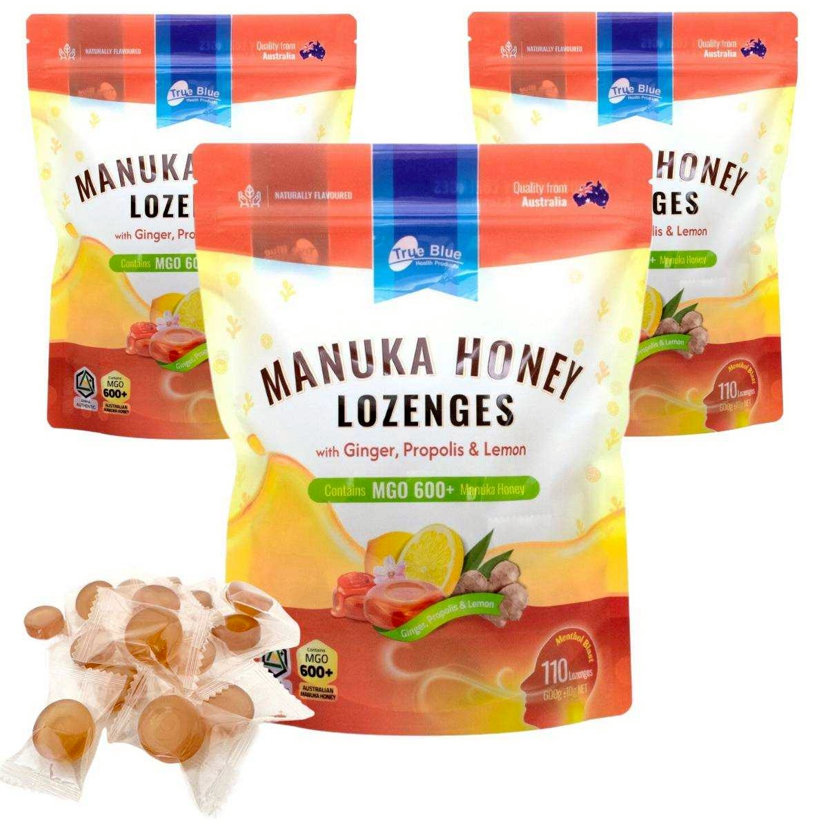 True Blue ลูกอมมานูก้าฮันนี่ Manuka Honey Lozenges with Ginger, Propolis & Lemon (MGO 600+) ขนาด600g