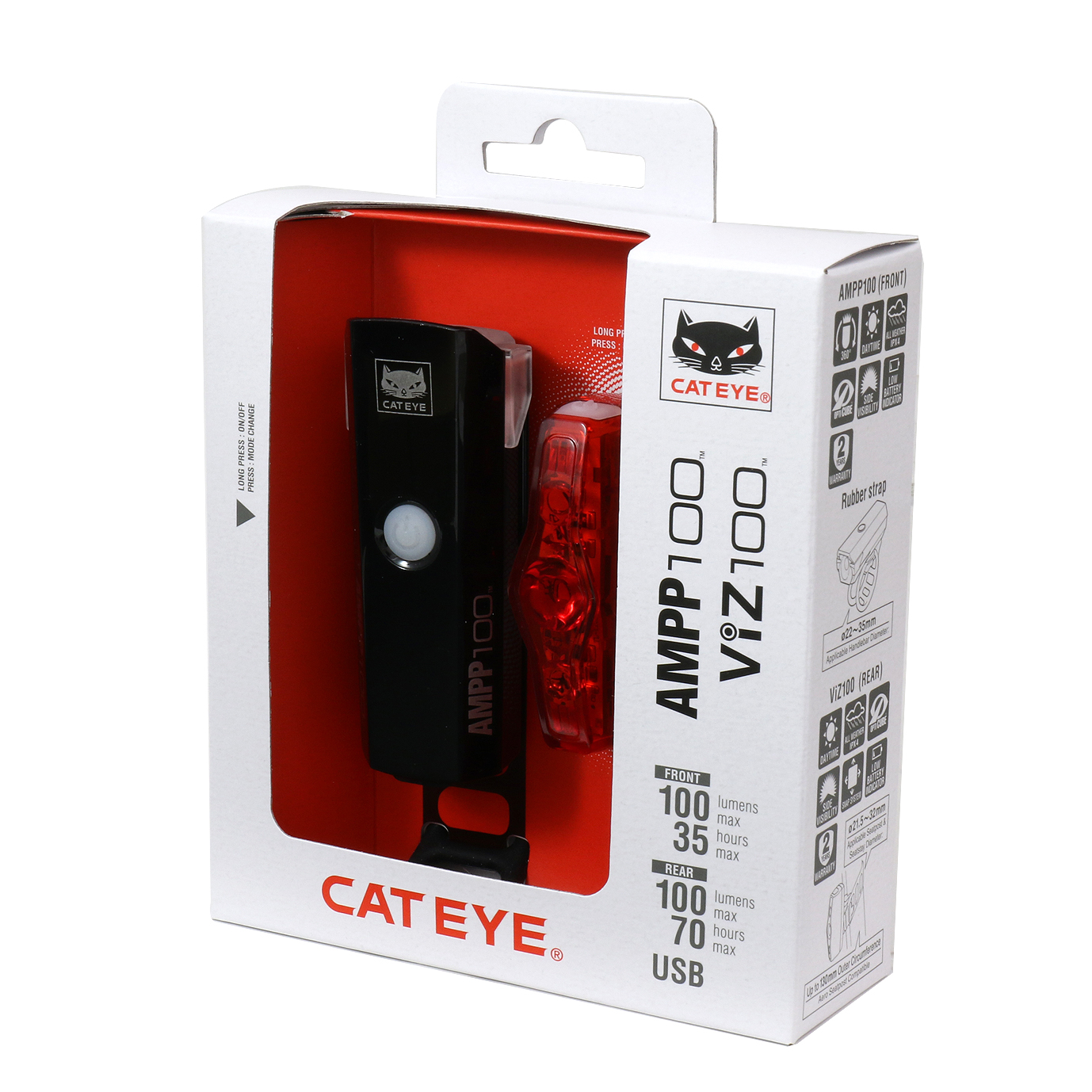 Cateye AMPP100/VIZ100 FRONT/REAR LIGHT SET, HLEL041RC+TLLD800B