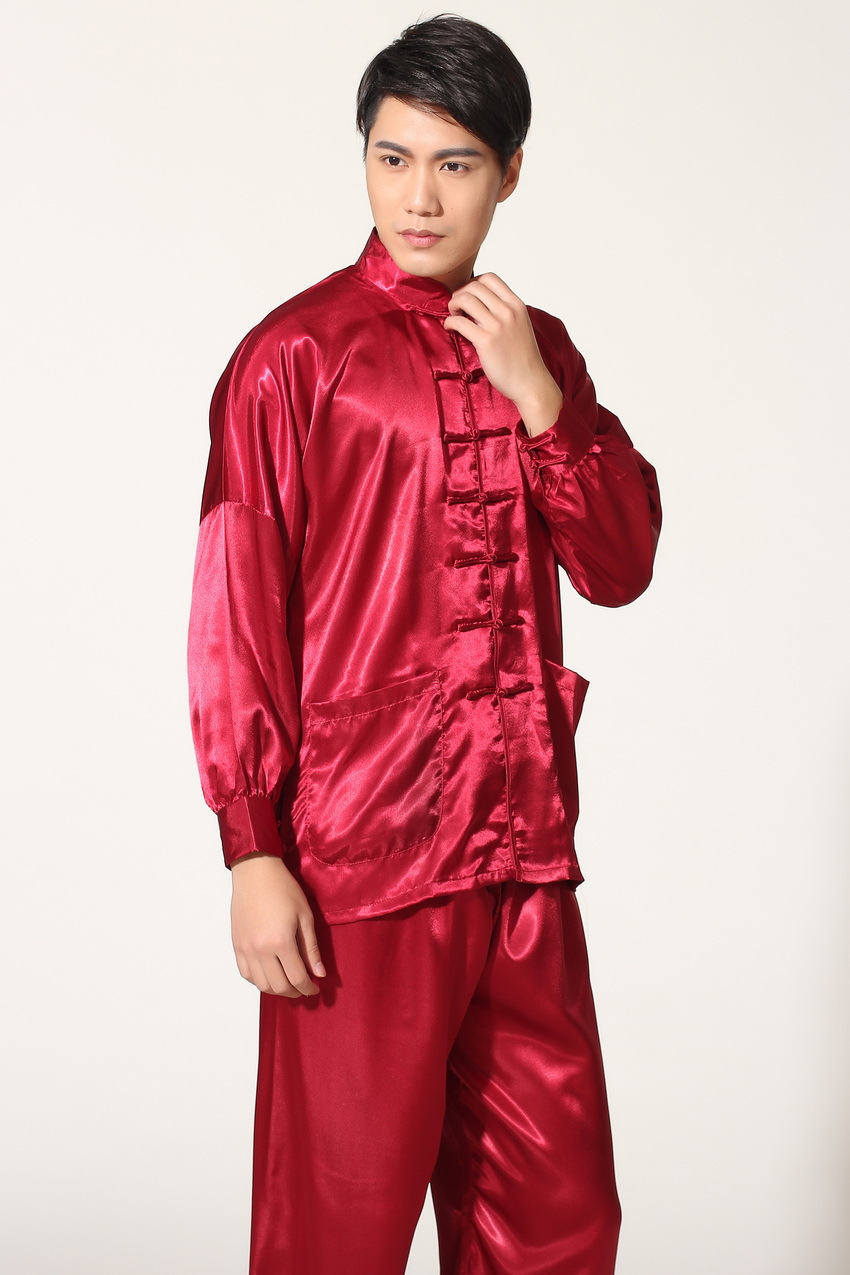 Pre-order ชุดจีนชาย แขนยาว ผ้าแพร สีแดง