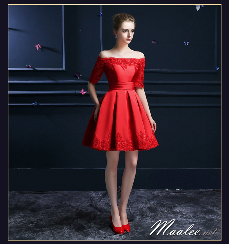 พร้อมส่ง ชุดราตรีสั้น แบบไหล่ปาด แขนยาว ผ้าซาติน แต่งลูกไม้สวยหรู สีแดง (เชือกผูกหลัง)