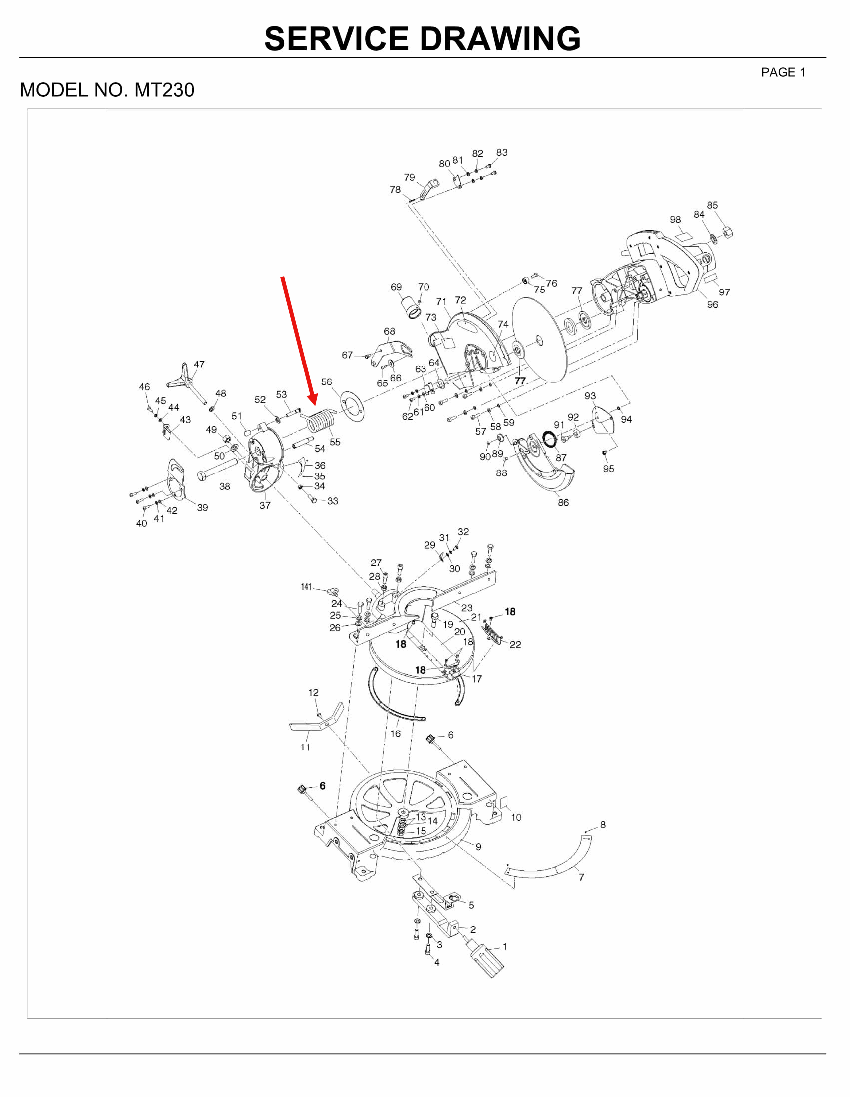 สปริงชุบแข็ง แท่นตัดองศา Maktec, Makita MT230 [#55], M2300, M2300B [#110] Pn.23000050 (แท้) ##