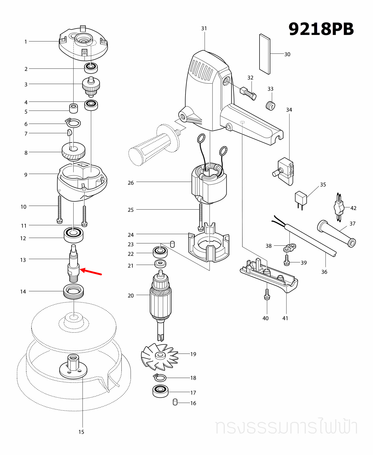 แกนเฟือง เครื่องขัดเงา Makita มากีต้า 9218PB, PBL, BL [#13] Pn.325528-0 (แท้) ##