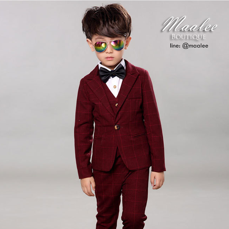 พร้อมเช่า ชุดสูทเด็กชาย สีแดงเบอกันดีลายตาราง **พร้อมเช่าไซส์ 110,120,130,140**