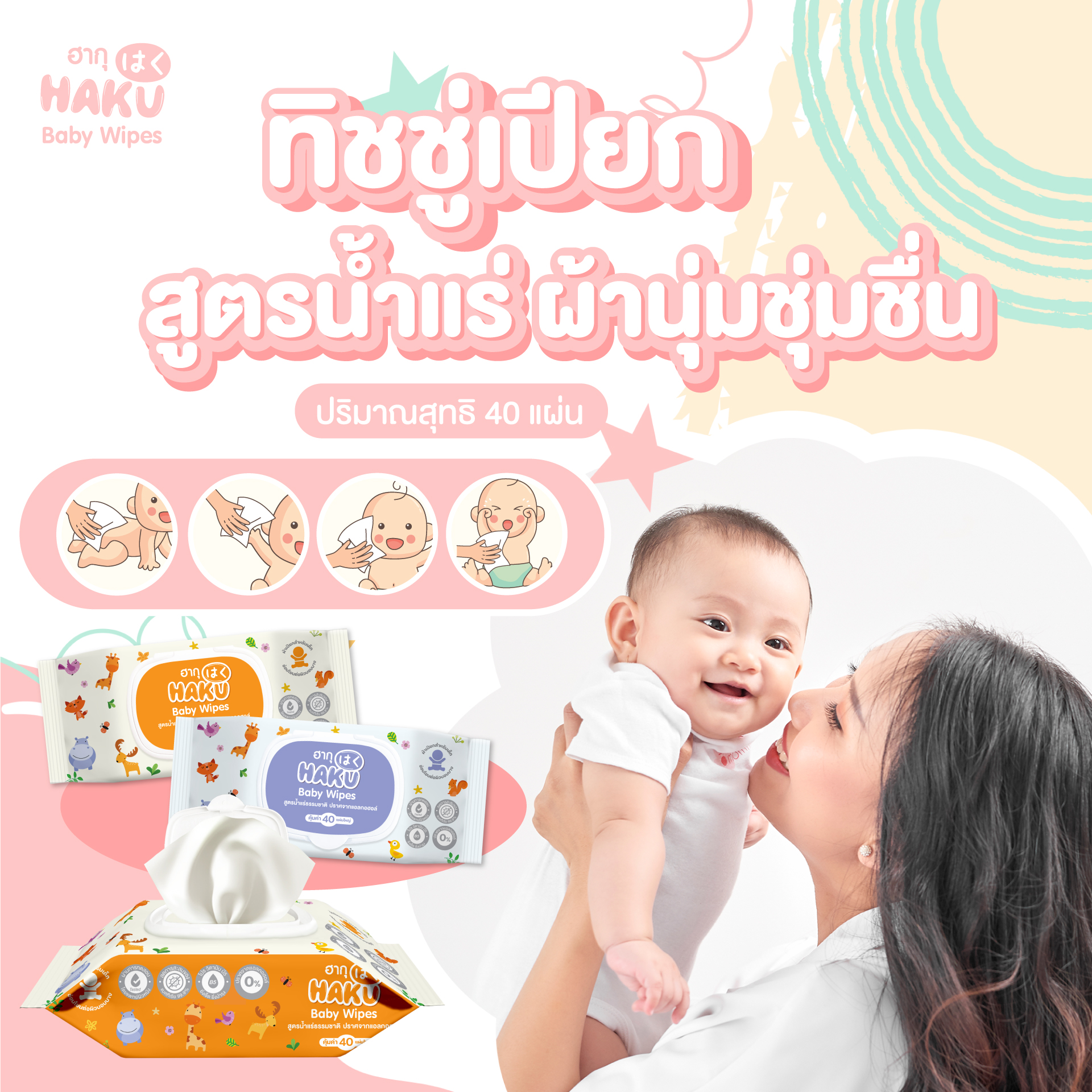 ทิชชู่เปียก เช็ดทำความสะอาด ฮากุ เบบี้ ไวพส์ 1 ห่อ 40 แผ่น