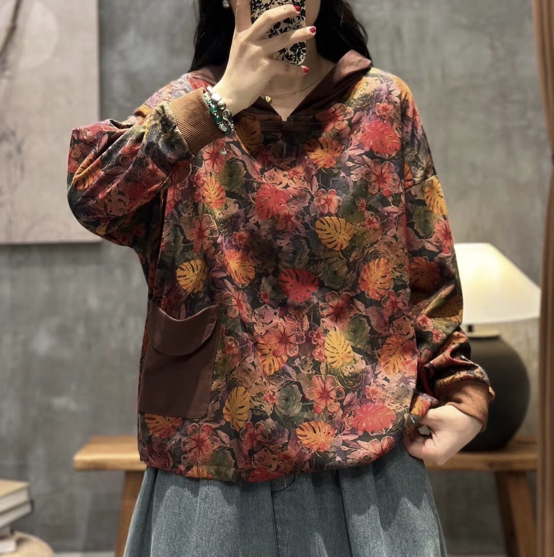 เสื้อฮู้ดผ้ายืดลายดอกไม้~ใบไม้แต่งกระเป๋า