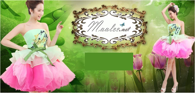 พร้อมเช่า ชุดแฟนซี ชุดราตรีสั้น เกาะอก สีเขียว กระโปรงระบายสีชมพูหวาน อกจับจีบแต่งลายสวย