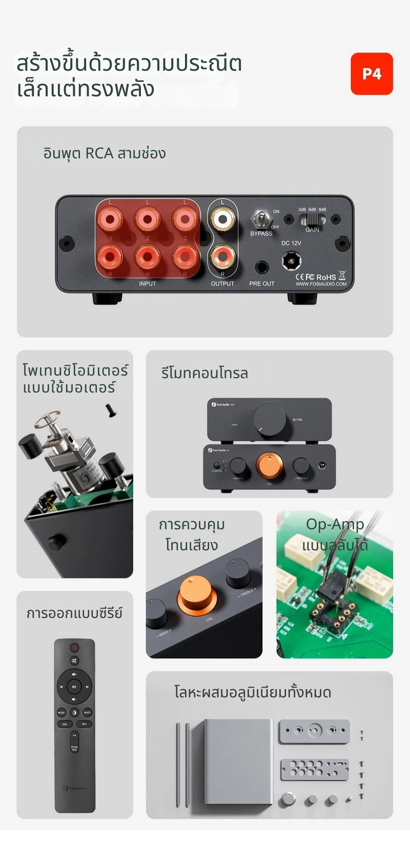 Fosi Audio P4 พรีแอมป์สำหรับระบบเสียงในบ้าน พร้อมอินพุต RCA 3 ตัว, EQ/Bypass การควบคุมโทนเสียง ประกันศูนย์ไทย