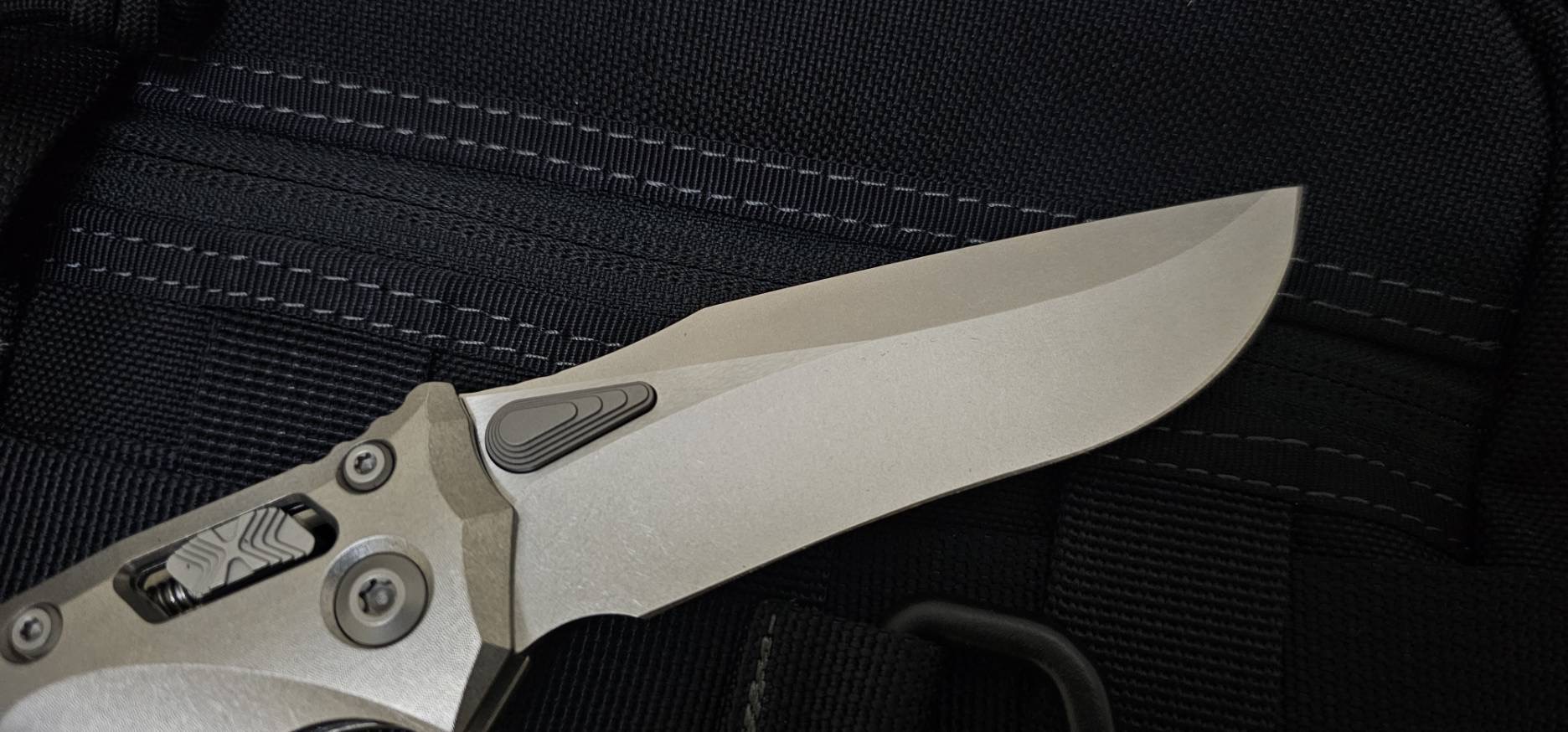 Microtech Amphibian Ram-Lok - Bronze Backspacer - Marfione Select - Stonewashed Titanium - Stonewash Blade