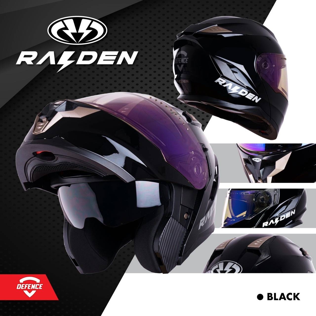หมวกกันน็อคเต็มใบเปิดคางได้ หมวกกันน็อกยกคาง (Flip Up) RAIDEN รุ่น DEFENCE แว่น 2 ชั้น นวมถอดซักได้ สี BLACK