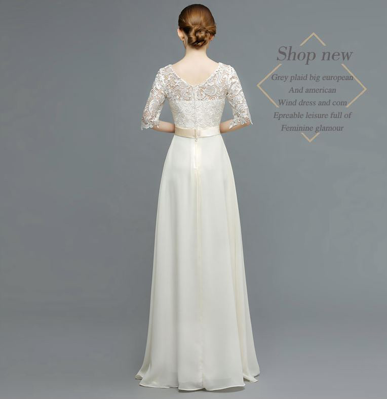 พร้อมส่ง ชุดราตรียาว สีครีม แขนสามส่วน ลูกไม้ฉลุ กระโปรงผ้าชีฟอง