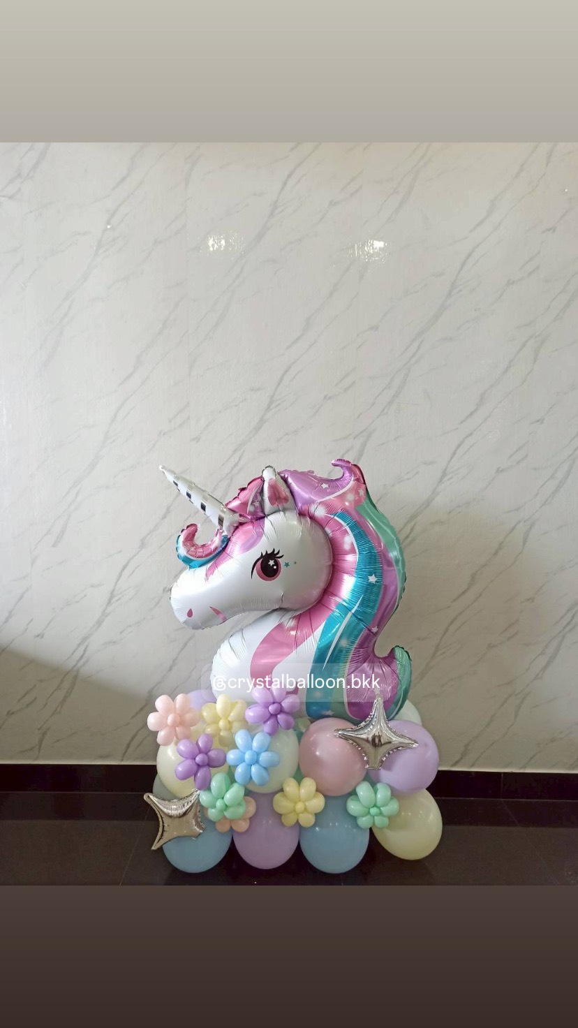 ลูกโป่งวันเกิดเด็ก ฟอยล์หัวยูนิคอร์น ตั้งฐาน 1 ชิ้น , พร้อมลูกโป่งไส้ไก่ดอกไม้ตกแต่ง , ลูกโป่งสามารถเปลี่ยนสีได้