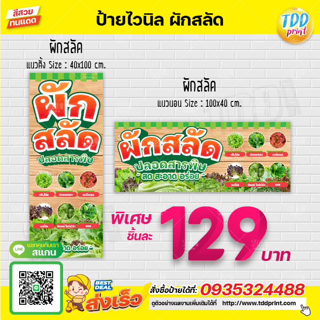 ป้ายไวนิลผักสลัดปลอดสารพิษV1 ป้ายทนแดด กันน้ำ ภาพคมชัด สีสวยสดใส พร้อมใช้งาน