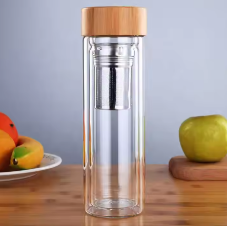 กระบอกแก้วใสสองชั้น ฝาเกลียวไม้ไผ่พร้อมที่กรองชา ขนาด 350-500 ml