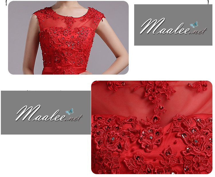 พร้อมเช่า ชุดราตรียาว สีแดง แบบเรียบหรู แต่งลูกไม้เซาะดอก ปักลูกปักมุก