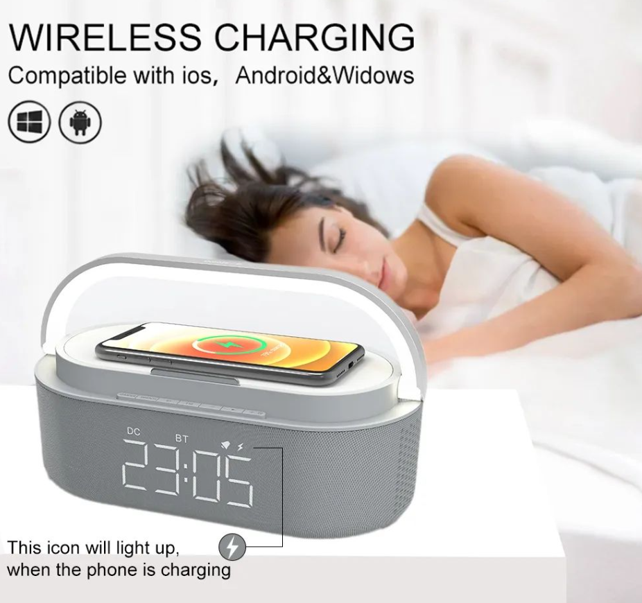 ลำโพงบลูทูธ 1800 mah (Wireless charger 15W,แท่นวางโทรศัพท์,โคมไฟLED,นาฬิกาปลุก)