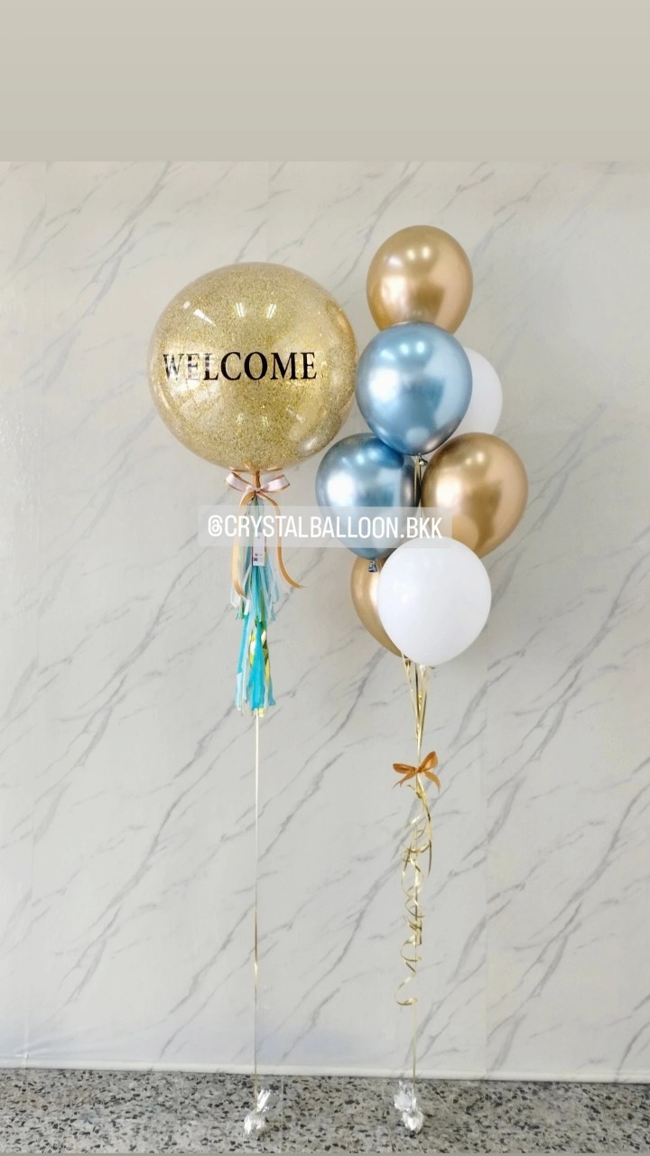 ลูกโป่ง แสดงความยินดี Bubble ขนาด 24" กลิตเตอร์สีทอง 1 ลูก พร้อม ช่อลูกโป่งสีโครเมี่ยม ช่อ 7 ลูก 1 ช่อ Theme สี Light Blue โครเมี่ยม-ทองอ่อนโครเมี่ยม พร้อมตกแต่ง สามารถเปลี่ยนสีลูกโป่ง/เปลี่ยนข้อความ/เปลี่ยนขนาดได้