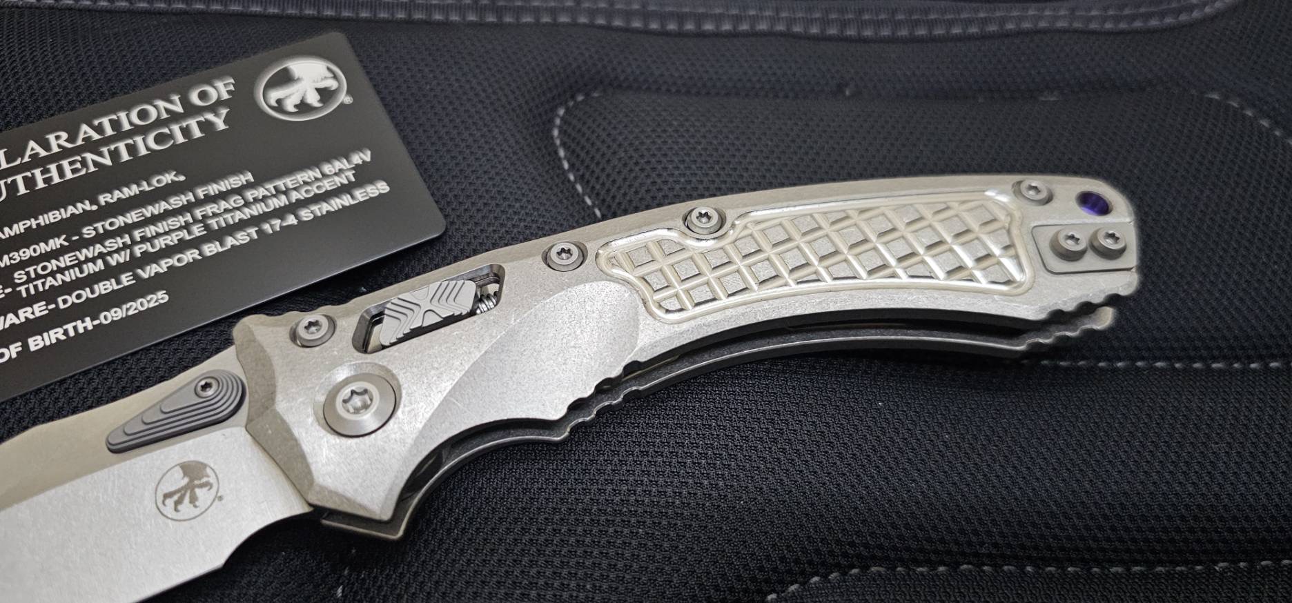 Microtech Marfione Select Amphibian RAM LOK Titanium Frag Handles & Stonewash M390MK w/ Double Vapor Blast & Purple Accents