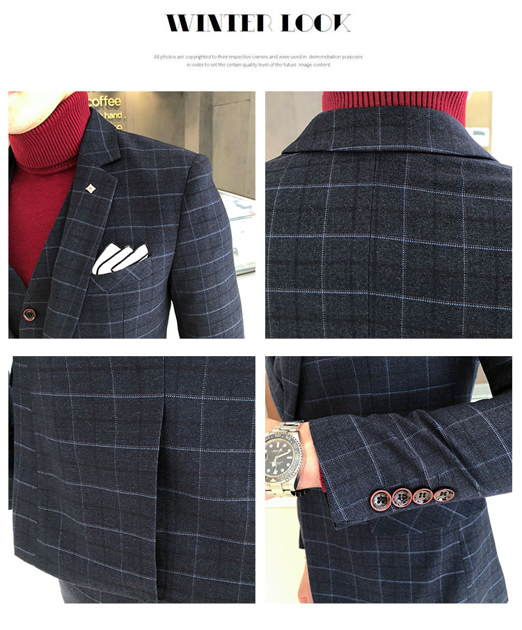 พร้อมเช่า ชุดสูทชาย สีน้ำเงิน ลายตาราง ทรงเข้ารูป สไตล์เกาหลี พร้อมเสื้อกั๊ก