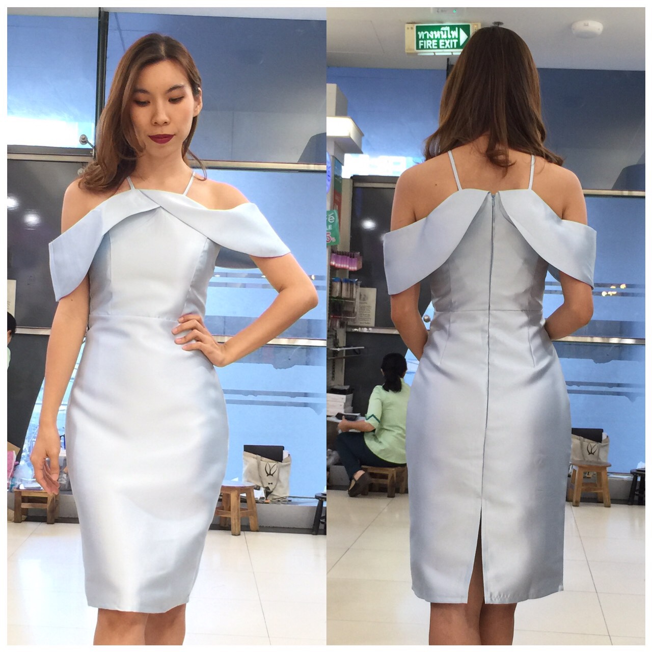 พร้อมเช่า ราตรีสั้น ชุดเดรสเดรสเนื้อไหม ทรงเข้ารูป สายเดี่ยวปาดไหล่ สีชมพู
