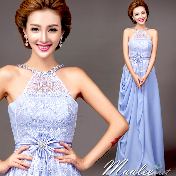พร้อมเช่า ชุดราตรียาว เกาะอก คล้องคอ สีม่วง กระโปรงจับจีบ สวยหวานด้วยลูกไม้ช่วงอก (ซิปหลัง)
