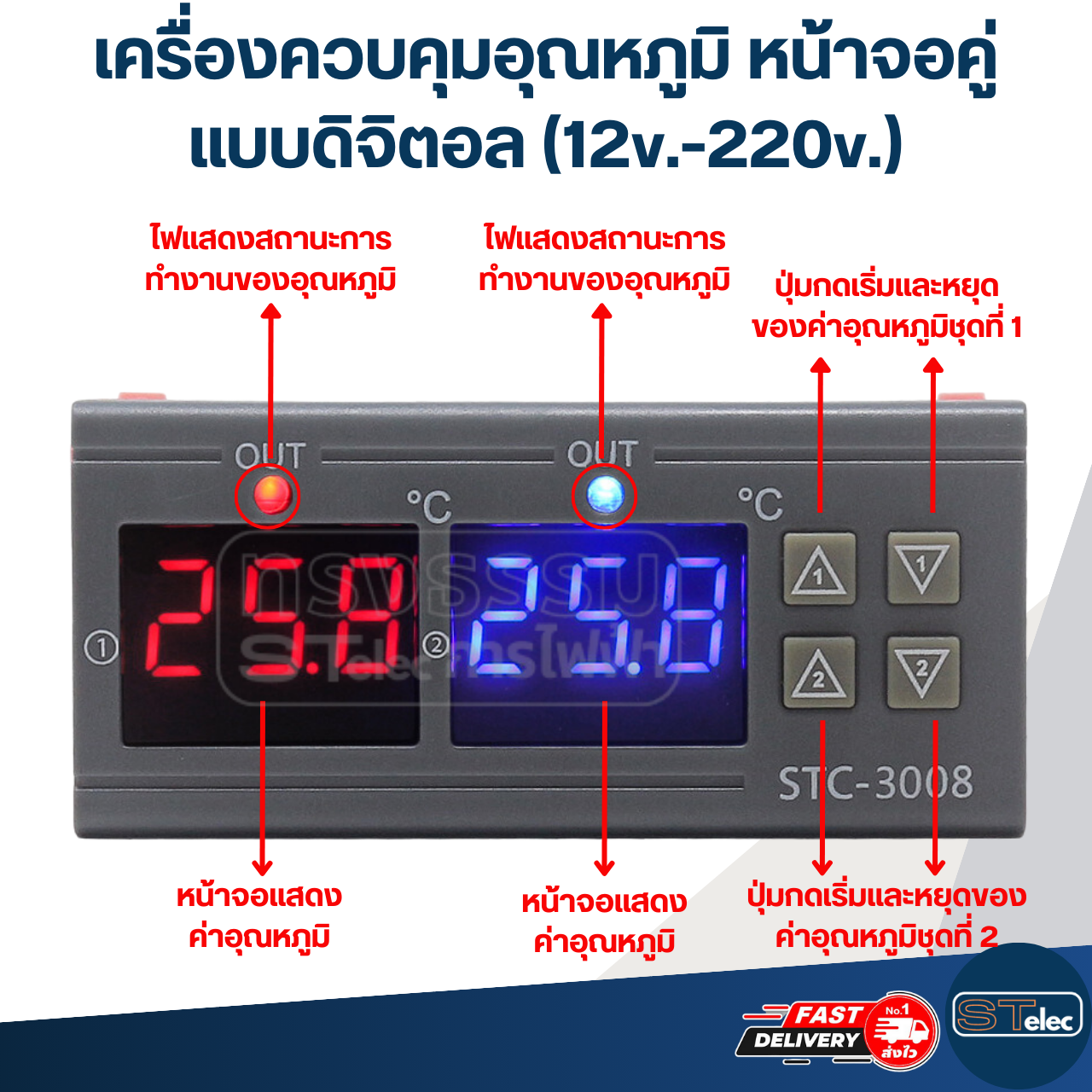เครื่องควบคุมอุณหภูมิ หน้าจอคู่ แบบดิจิตอล(12v.-220v.) #STC-3008