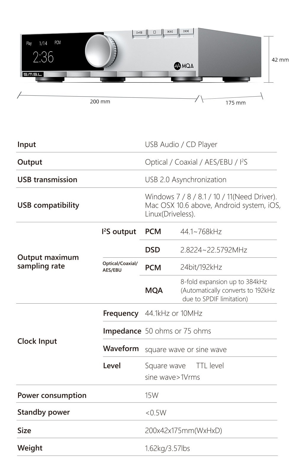 SMSL PL200T เครื่องเล่นซีดีตั้งโต๊ะขนาดกะทัดรัด รองรับ MQA-CD ประกันศูนย์ไทย