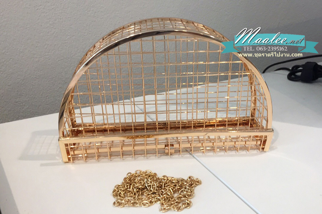 พร้อมส่ง Evening Clutch กระเป๋าออกงาน สีทอง แบบโปร่งลายตาราง ใส่ของได้เยอะ พร้อมสายโซ่