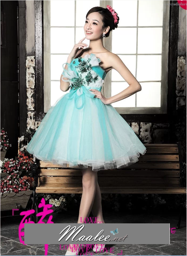 พร้อมเช่า ชุดแฟนซี เช่า 500 ชุดราตรีสั้น เกาะอก สีฟ้า ช่วงอกแต่งดอกเก๋มาก น่ารักฟรุ้งฟริ้ง