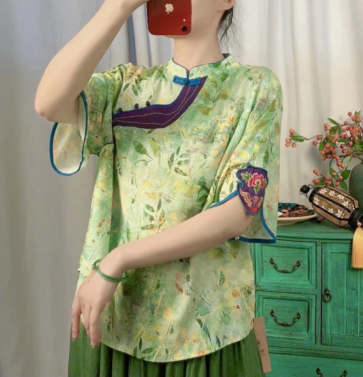 เสื้อคอจีนผ้าลินินลายใบไม้