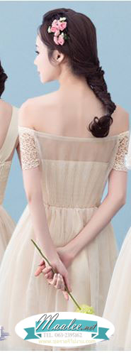 พร้อมส่ง ชุดราตรีสั้น ปาดไหล่ลูกไม้ กระโปรงตาข่าย สีเทา(จับสม๊อกด้านหลัง)