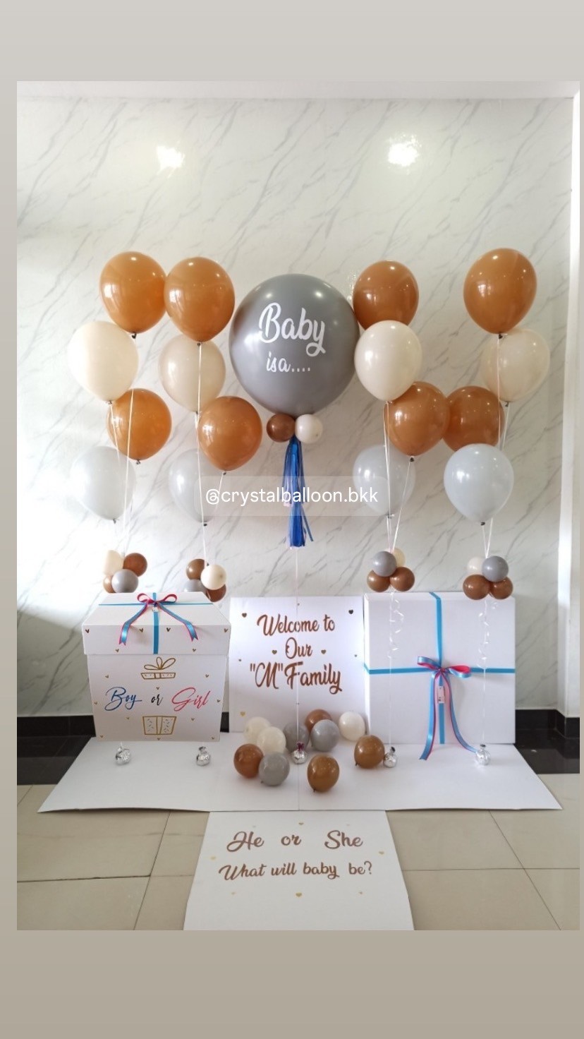 Gender Reveal Surprised Box กล่องเซอร์ไพรส์ทายเพศ ลูกโป่งยาง ขนาด 24" ลูกโป่งช่อ 4 ลูก 4 ช่อ ,พร้อมตกแต่ง สามารถใส่รูปได้ 4 ใบ สามารถเปลี่ยนสีลูกโป่ง/เปลี่ยนข้อความได้