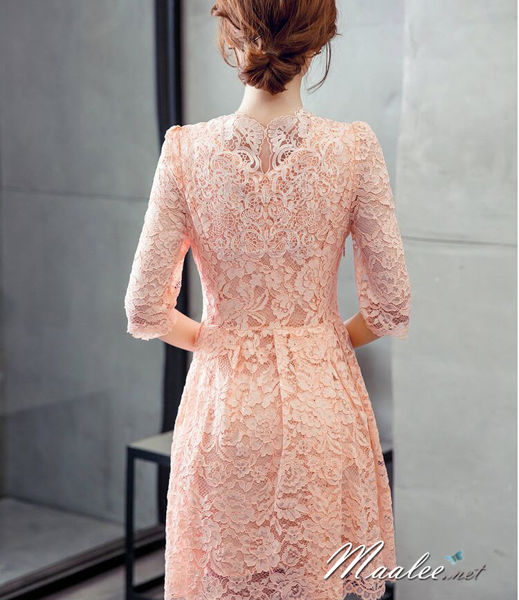 พร้อมส่ง ชุดราตรีสั้น/แขนยาว คอวี เนื้อผ้าลูกไม้ & Cotton แต่งซิปข้าง สีแดง (เหลือเฉพาะไซส์ 3XL)