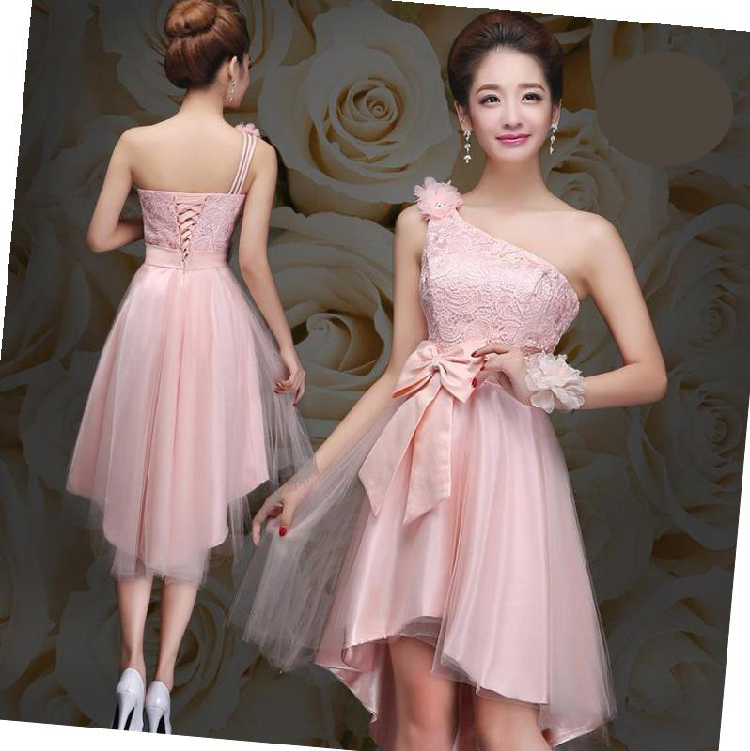 พร้อมเช่า ชุดราตรีสั้น สีโอโรส ไหล่เฉียง แต่งลูกไม้ กระโปรงหน้าสั้นหลังยาว ชุดเพื่อนเจ้าสาว Pink-004C